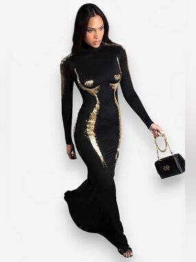TikTok Famous Maxi Cocktail Dress Mermaid Evening Gown Bodycon Black Long Sleeve